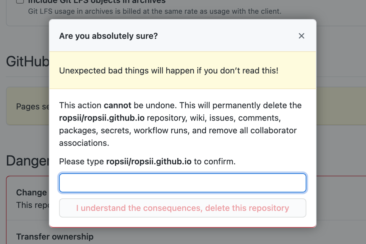 Delete repository on GitHub screen